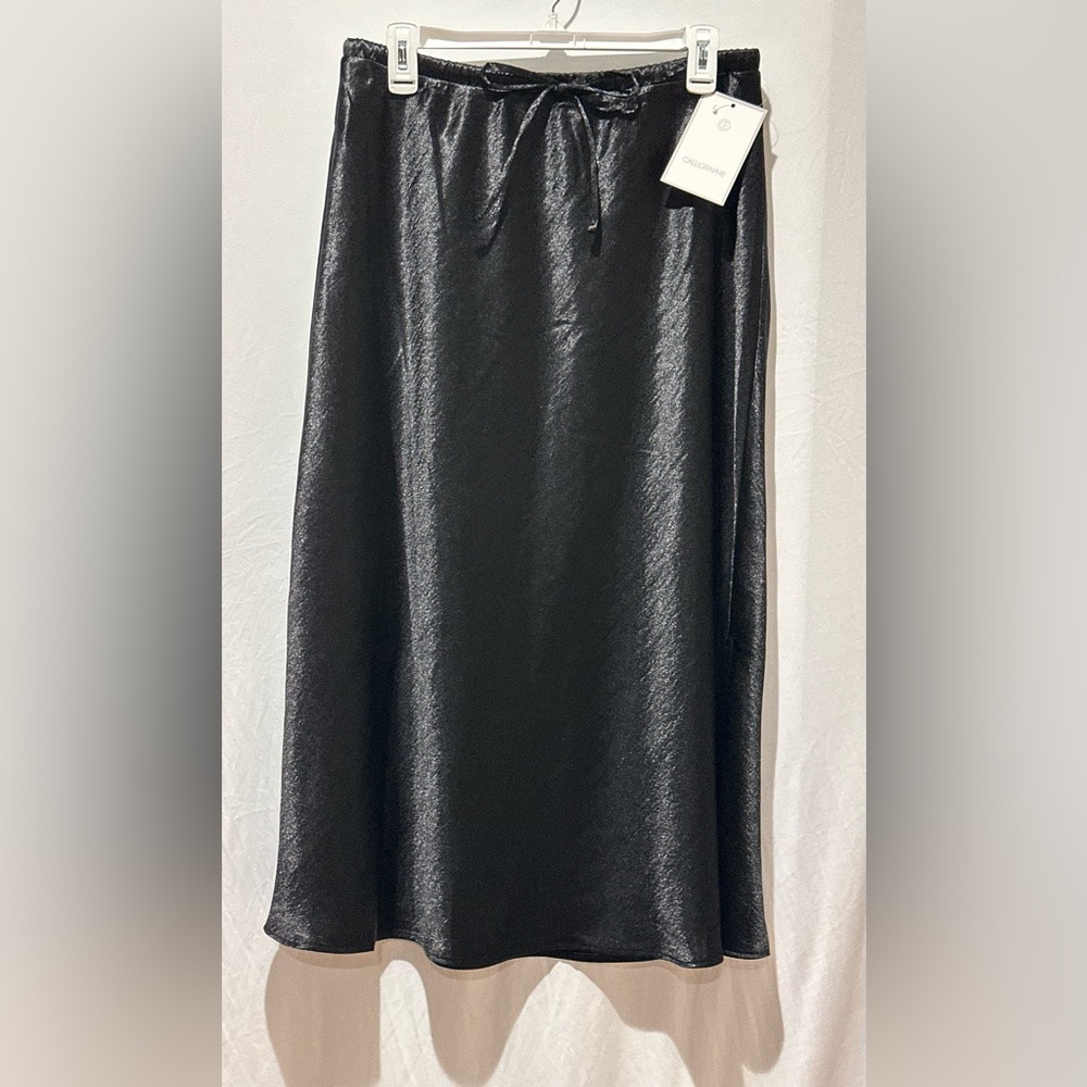 Calligraphie Shiny Black Satin Midi 
Long Skirt - Size M